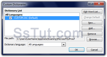 Custom dictionaries dialog in Microsoft Word 2010