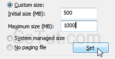 Enter a custom paging file size and click "Set"