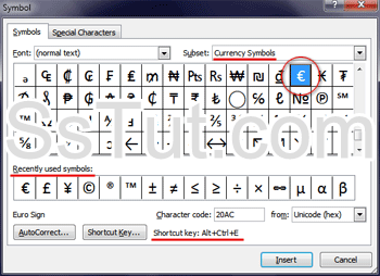 Symbols and special characters dialog in Microsoft Word